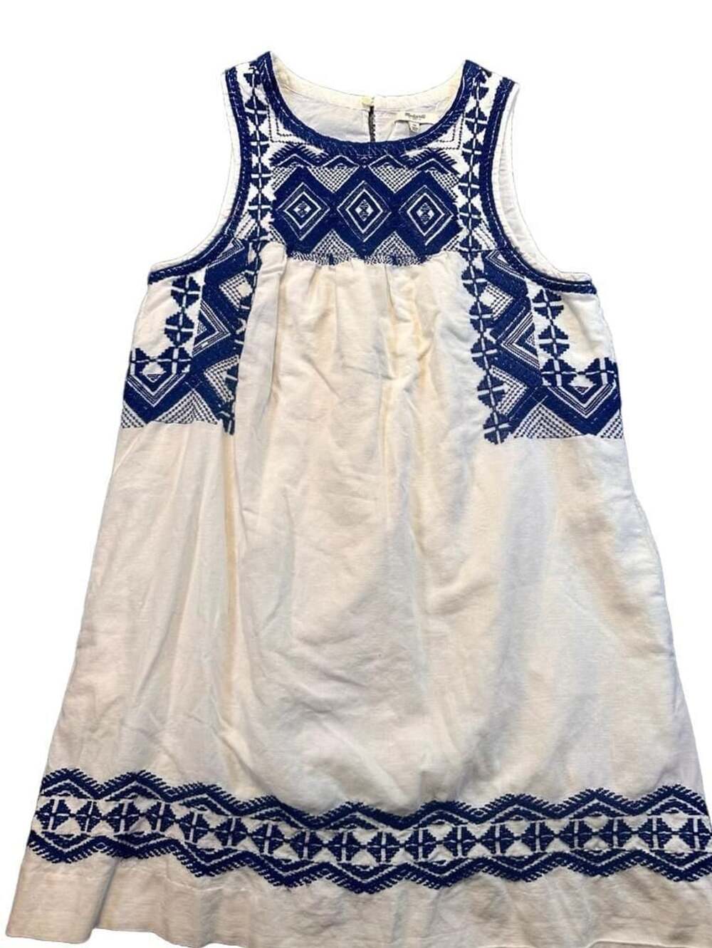 Madewell Stitchtake White and Blue Boho Embroidered Linen Sleeveless Mini Dress